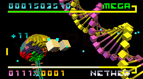 Screenshot of Bit.Trip Beat, objects made from solid-color cubes float in the background (a brain, DNA).