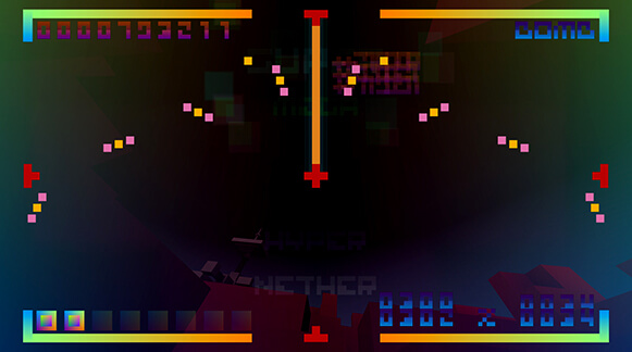 Screenshot of Bit.Trip Core, extremely low-res objects made from just a few pixels float on a dark background.