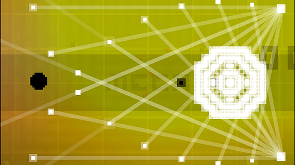 Screenshot of Bit.Trip Void, extremely low-res objects made from just a few pixels float on an electric yellow background.