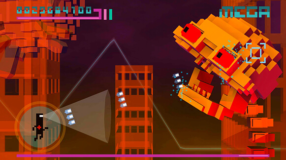 Screenshot of Bit.Trip Fate, CommanderVideo shoots bullets at a low-poly 3D skull in a dark environment with skeletal highrise buildings in the background.