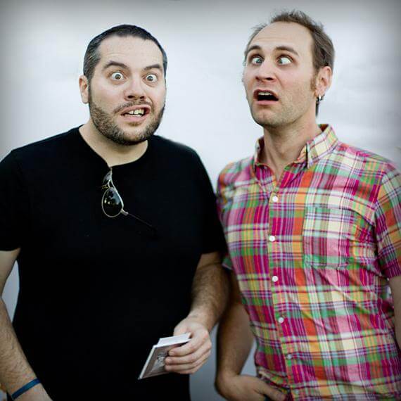 Photograph of Mike Roush and Alex Neuse making strange, unsettling facial expressions