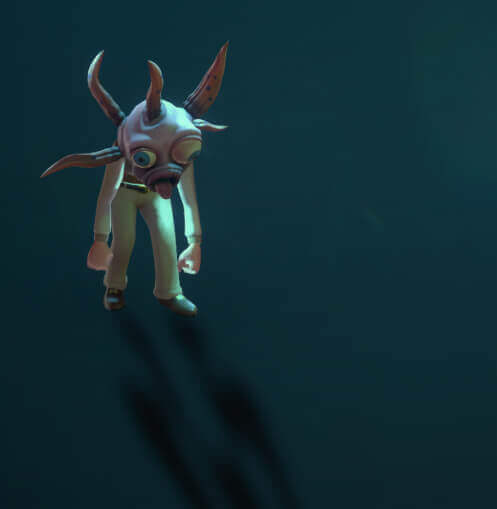 3D render of a strange monster wearing human clothes in a dark space.