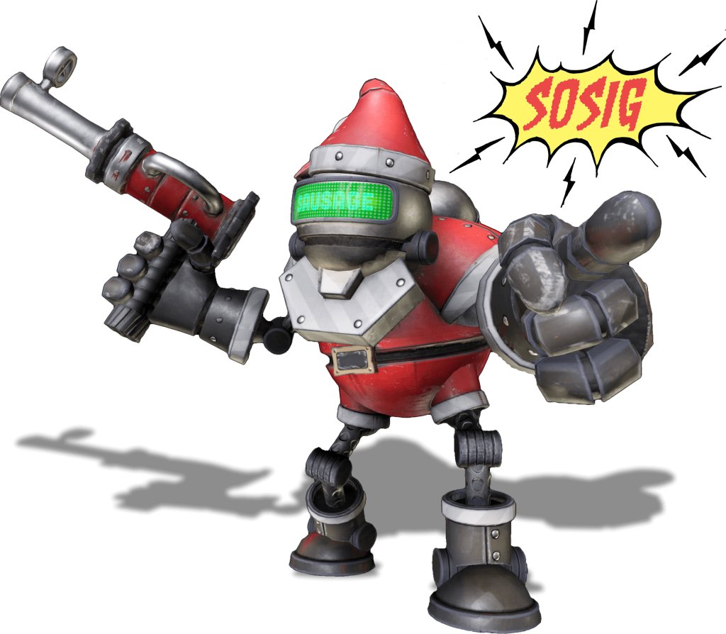3D rendered robot Santa holding a gun with the word "sausage" on a display on it's face.