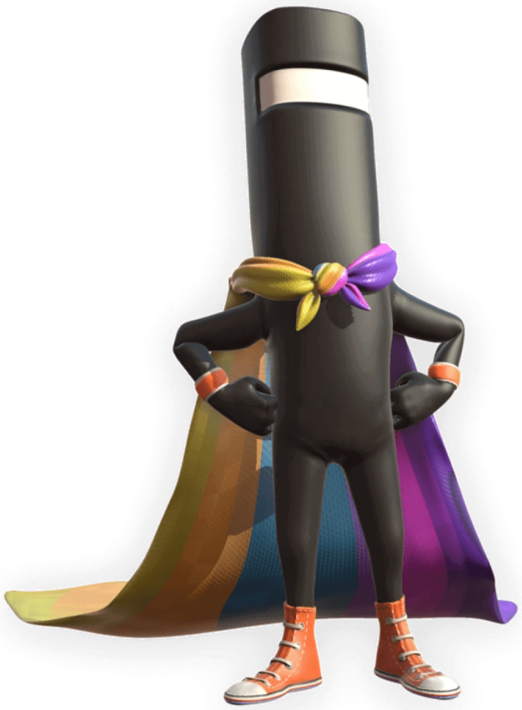 CommanderVideo stands with hands on hips wearing a rainbow cape