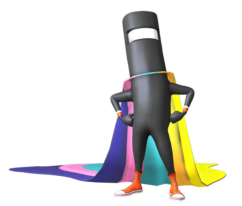 CommanderVideo stands with hands on hips wearing a rainbow cape