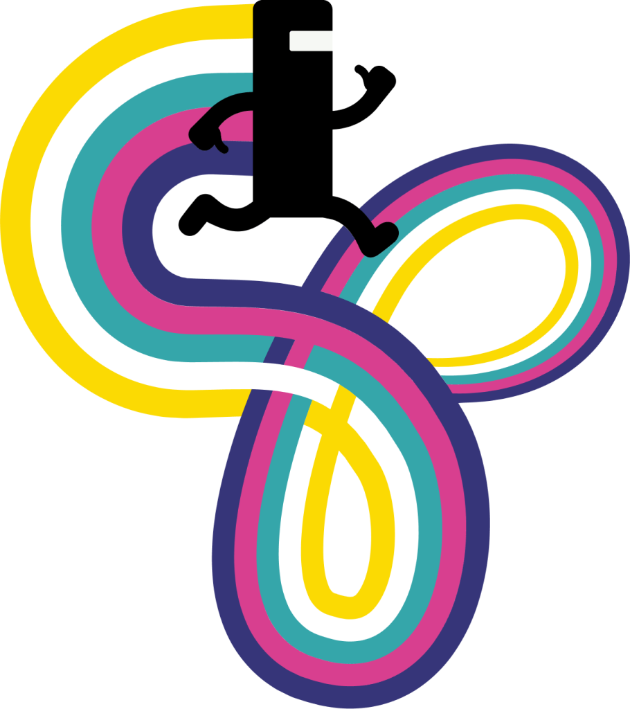 The letters C P illustrated as a rainbow trail behind a running CommanderVideo