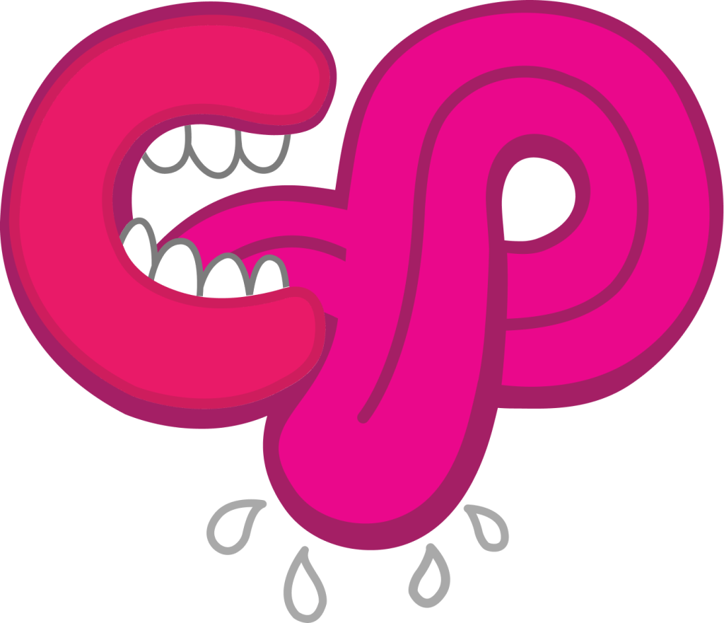The letters C P illustrated as a mouth with a long curling tongue