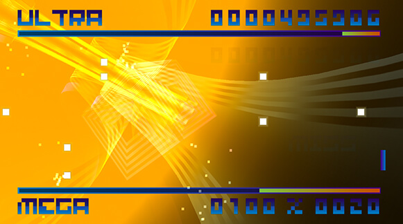 Screenshot of Bit.Trip Flux, PS1-era abstract 3D wave shapes with chunky pixel text