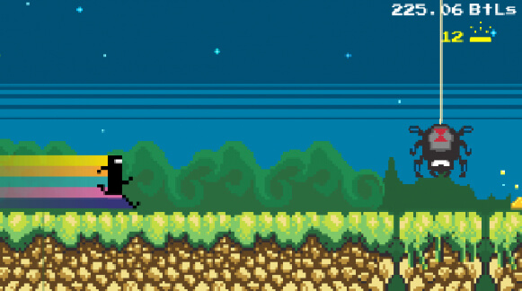 Screenshot from Go! Go! CommanderVideo, pixel art sidescroller with CommanderVideo trailing a rainbow running towards a spider