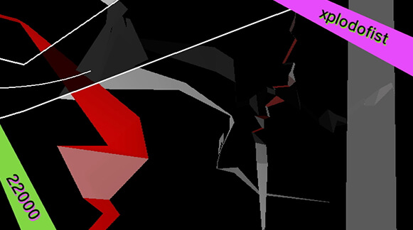 Screenshot of Lilt Line, dark abstract shapes fill the screen with text "xplodofist" and "22000"